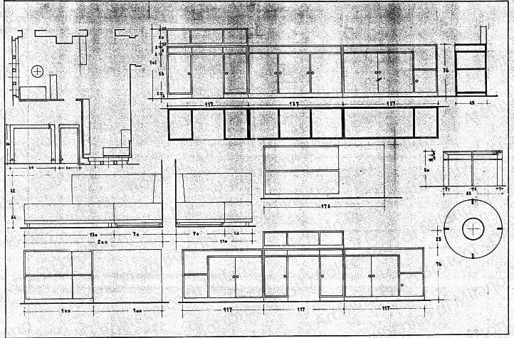 Arredamento e mobili di un locale, piante, sezioni e viste, scala 1:10, 1:50, s.d. China su lucido, cm 51,2x76,0. 