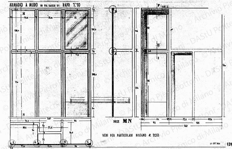 Armadio a muro, in via Haiech 31, pianta, sezione e viste, scala 1:10, prot. 2032, 31 ottobre 1935. China e matita su lucido, cm 48,4x72,0. 