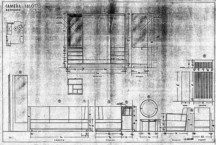 Camera-salotto, arredamento e mobili, piante, sezioni e viste, scala 1:10, 1:50, prot. 2074, 10 febbraio 1936. China e matita su lucido, cm 49,7x75,7. 