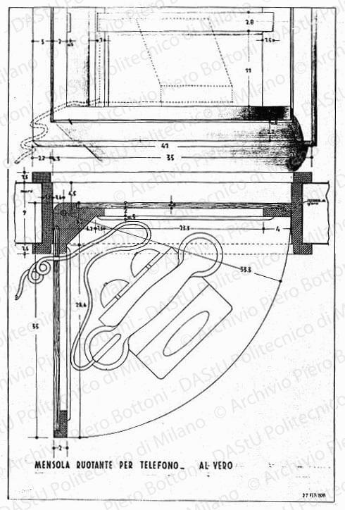 Mensola ruotante per telefono, viste e sezione, scala 1:1, prot. 2081, 27 febbraio 1936. China e matita su lucido, cm 76,3x51,9. 