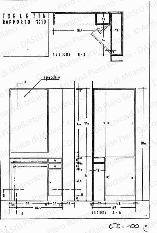 Toeletta, viste e sezioni, scala 1:10, s.d. China e matita su lucido, cm 36,7x26,2. 