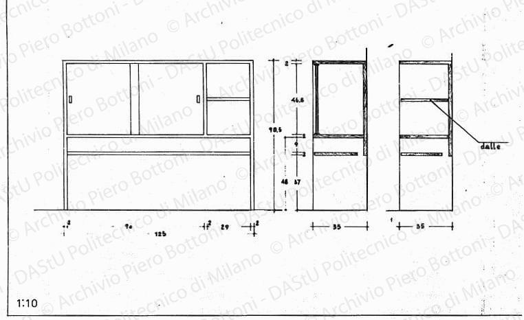 Mobiletto, vista e sezioni, scala 1:10, s.d. China su lucido, cm 24,5x37,6. 