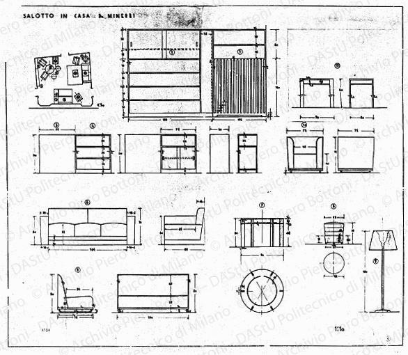 Salotto in casa dr. Minerbi, arredamento e mobili, piante, viste e sezioni, scala 1:10, 1:50, prot. 1716, s.d. China e matita lucido, cm 70,5x83,0. 