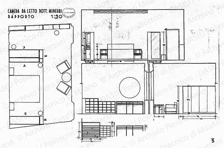 Camera da letto dott. Minerbi, arredamento e mobili, piante, viste e sezioni, scala 1:20, s.d. China e matita su lucido, cm 45,5x78,0. 