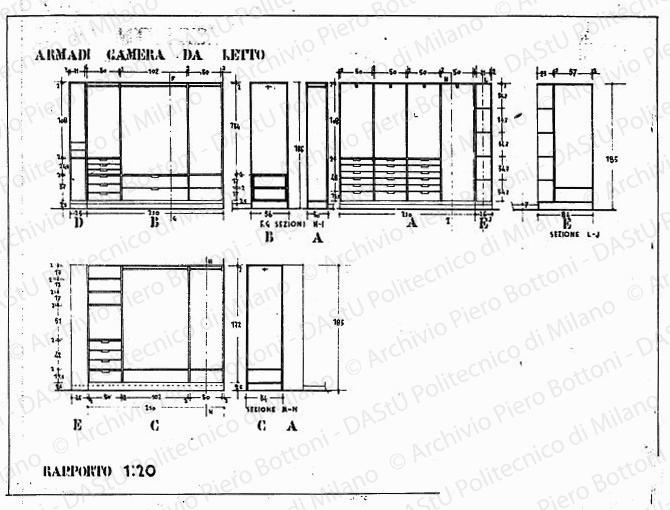 Dott. Minerbi, armadi camera da letto, viste e sezioni, scala 1:20, s.d. China e matita su lucido, cm 37,2x49,2. 