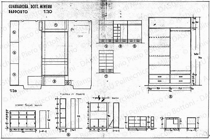Guardaroba dott. Minerbi, arredamento e mobili, pianta, viste e sezioni, scala 1:10, 1:20, s.d. China e matita su lucido, cm 51,5x75,8. 