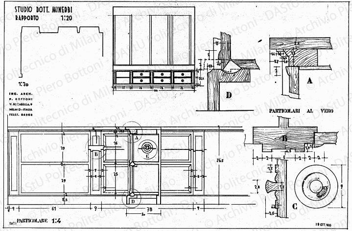 Studio dott. Minerbi, mobile, viste, sezioni e particolari, scala 1:1, 1:20, prot. 2031, 19 ottobre 1935. China e matita su lucido, cm 50,0x76,0. 