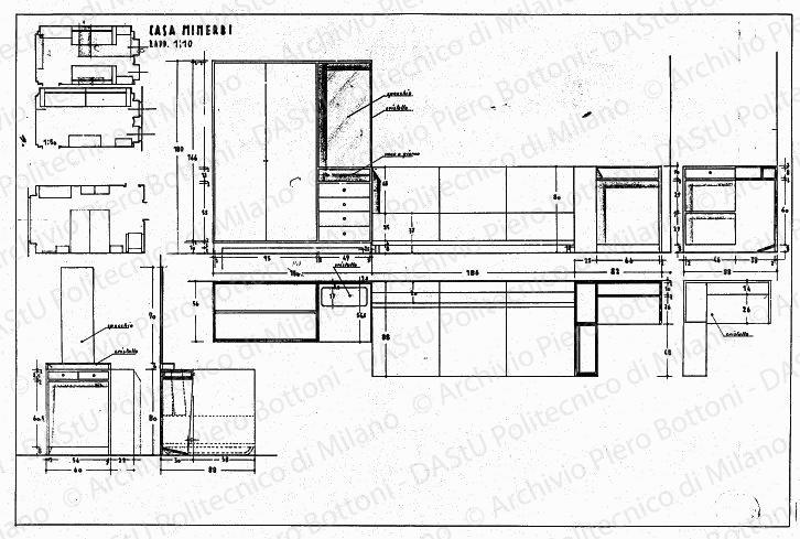 Casa Minerbi, camere da letto, arredamento e mobili, piante, viste e sezioni, scala 1:10, 1:50, s.d. China e matita su lucido, cm 48,0x73,5. 