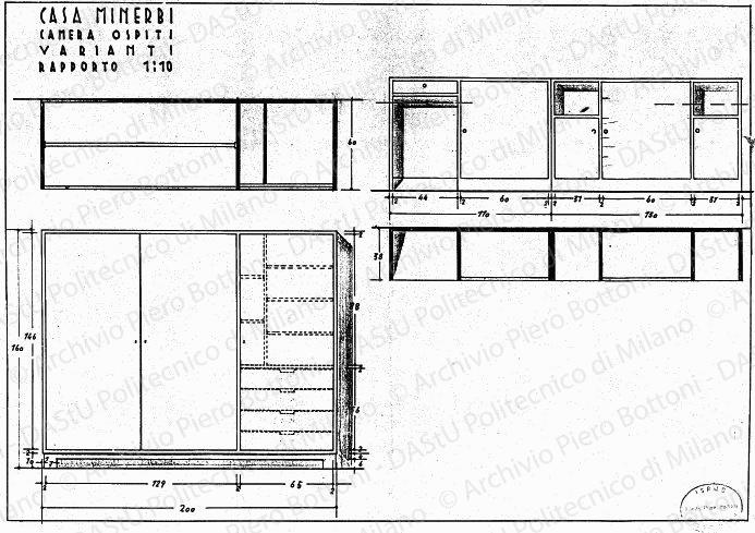 Casa Minerbi, camera ospiti, varianti, mobili, viste e sezioni, scala 1:10, s.d. China e matita su lucido, cm 36,5x53,0. 