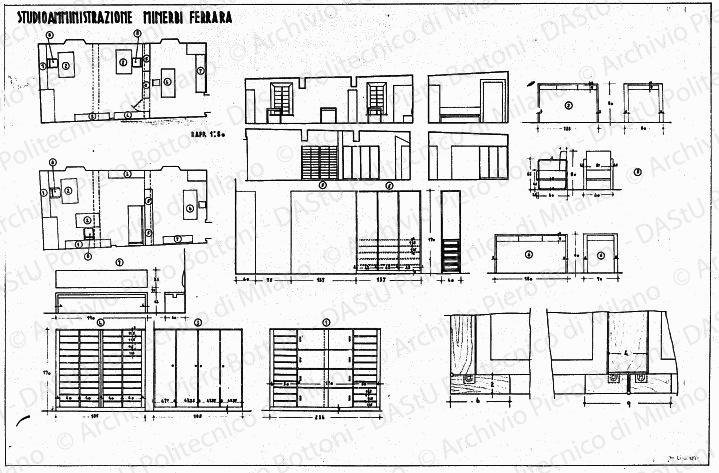 Studio-amministrazione Minerbi, Ferrara, arredamento e mobili, piante, sezioni, viste e particolari, scala 1:1, 1:20, 1:50, 2 giugno 1937. China e matita su lucido, cm 48,2x73,3. 
