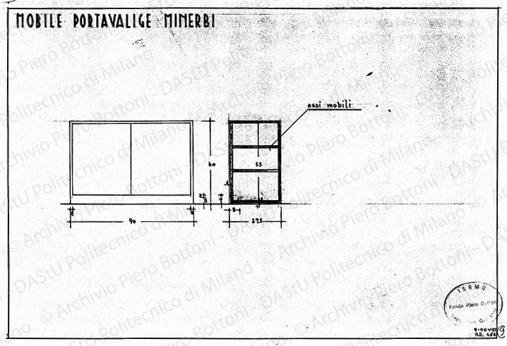 Mobile portavalige Minerbi, vista e sezione, scala 1:10, 9 novembre 1937. China e matita su lucido, cm 25,2x37,0. 
