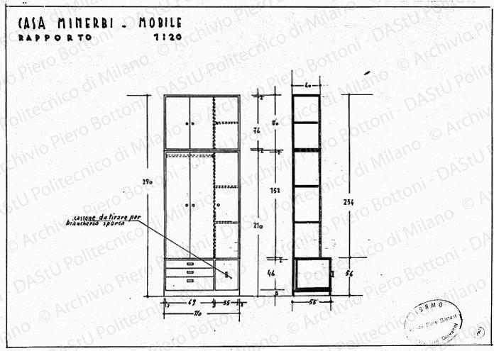 Casa Minerbi, mobile, vista e sezione, scala 1:20, s.d. China su lucido, cm 25,0x35,5. 