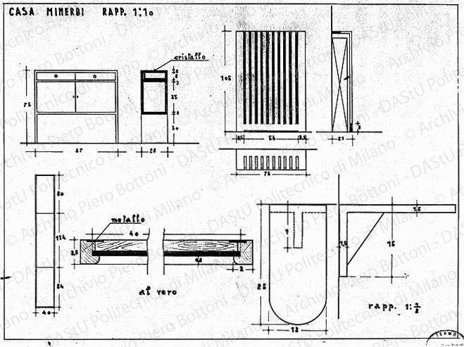 Casa Minerbi, mobili, piante, viste e sezioni, scala 1:1, 1:2, 1:10, s.d. China su lucido, cm 39,0x52,0.
