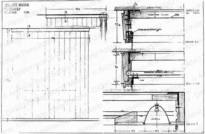 Casa dott. Minerbi, zanzariera, vista, sezioni e particolari, scala 1:1, 1:10, s.d. Matita su lucido, cm 48,9x74,0. 