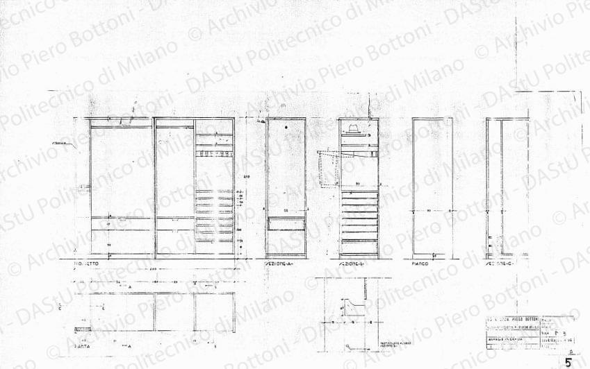 Armadio in camera, dis. 5, pianta, prospetto, fianco, sezioni e particolare, scala 1:1, 1:10, 28 ottobre1950. Matita su lucido, cm 39,2x80,9. 