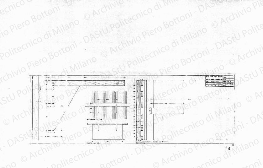 Dott. Minerbi, mensola armadio sala da pranzo, dis. 6, particolari, scala 1:1, 1:5, 6 luglio 1950. Matita su lucido, cm 33,8x96,2. 