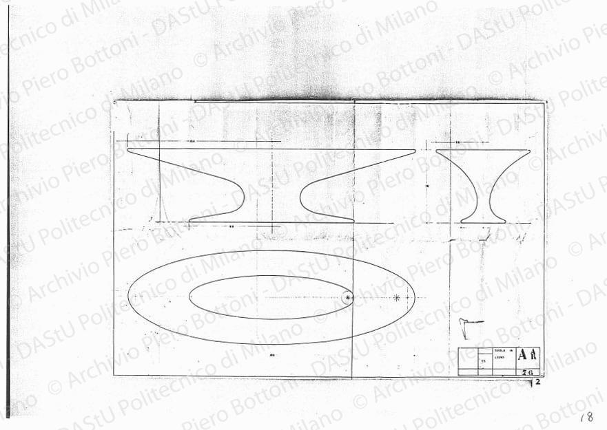 Tavolo in legno, dis. ARR 76, pianta, vista di fronte e vista di fianco, scala 1:5, s.d. Eliografia su carta, cm 59,5x92,8. 