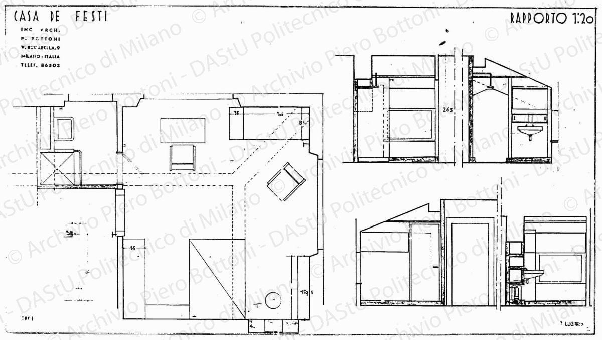 Casa De Festi, arredamento, pianta e sezioni, scala 1:20, prot. 2001, 1 luglio 1935. China e matita su lucido, cm 42,0x75,0. Indicazioni a matita. 