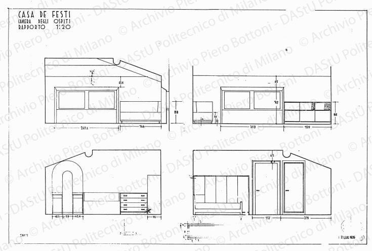 Casa De Festi, arredamento camera degli ospiti, prospetti, scala 1:20, prot. 2002, 2 luglio 1935. China e matita su lucido, cm 48,2x73,5. 