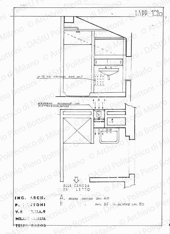 Pianta e sezione bagno, scala 1:20, s.d. Matita su lucido, cm 36,5x25. 