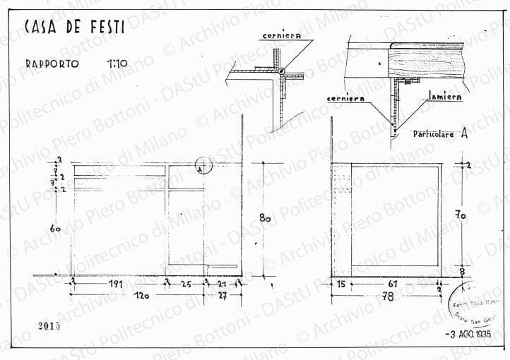 Casa De Festi, mobiletto, viste sezioni e particolari, scala 1:1, 1:10, prot. 2015, 3 agosto 1935. Matita e china su lucido, cm 26,0x38,0. 