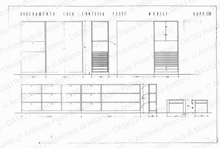 Arredamento casa contessa De Festi, mobili, viste e sezioni, scala 1:10, prot. 2120, 26 luglio 1936. China su lucido, cm 51,0x75,5. Annotazioni a matita. 