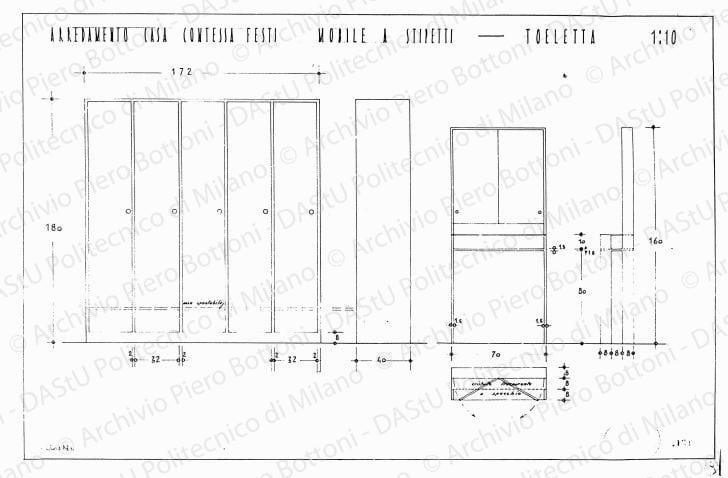 Arredamento casa contessa Festi, mobile a stipetti, toeletta, pianta, viste e sezioni, scala 1:10, prot.2121, 27 luglio 1936. China su lucido, cm 36,3x52,0. 