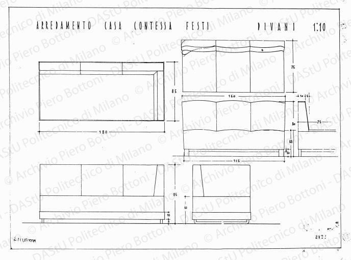 Arredamento casa contessa Festi, divani, viste, scala 1:10, prot. 2122, 27 luglio 1936. China su lucido, cm 39,0x51,2. 