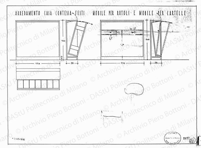 Arredamento casa contessa Festi, mobile per rotoli e mobile per cartelle, pianta, viste e sezioni, scala1:10, prot. 2123, 28 luglio 1936. China su lucido, cm 37,0x50,0. Correzione e schizzi a matita. 