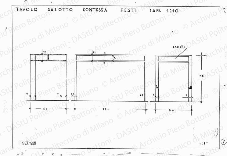 Tavolo salotto contessa Festi, viste e sezione, scala 1:10, prot. 2130, 7 settembre 1936. China e matita su lucido, cm 26,3x37,5. 