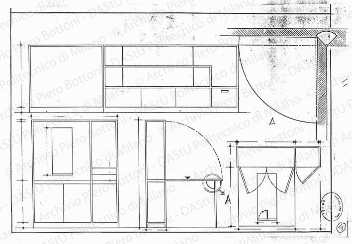 Mobili, viste, sezioni e particolare, scala 1:1, 1:10, s.d. China e matita su lucido, cm 34,3x50,4. 