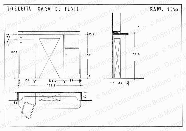 Toeletta casa De Festi, pianta, sezione e alzato, scala 1:10, s.d. China e matita su lucido, cm 26,4x34,7. 