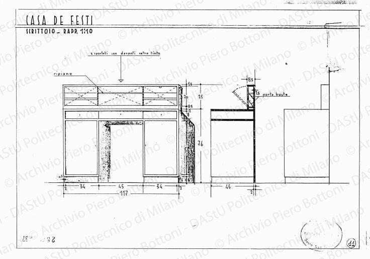Casa De Festi, scrittoio, viste e sezione, scala 1:10, 25 gennaio 1937. China e matita su lucido, cm 25,6x36,3. 