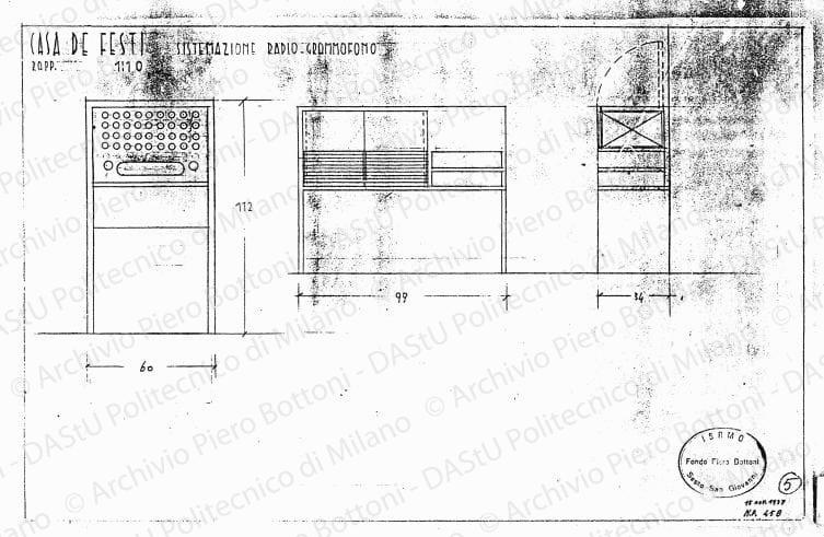 Casa De Festi, sistemazione radio-grammofono, viste e sezione, scala 1:10, 15 novembre 1937. Matita su lucido, cm 24,4x38,0. 