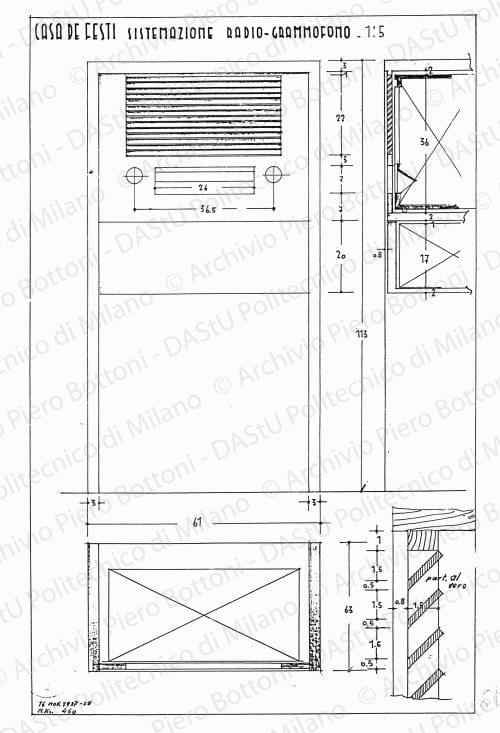 Casa De Festi, sistemazione radio-grammofono, pianta, alzato, sezione e particolare, scala 1:5, 16 novembre 1937. China e matita su lucido, cm 37,4x25,7. 