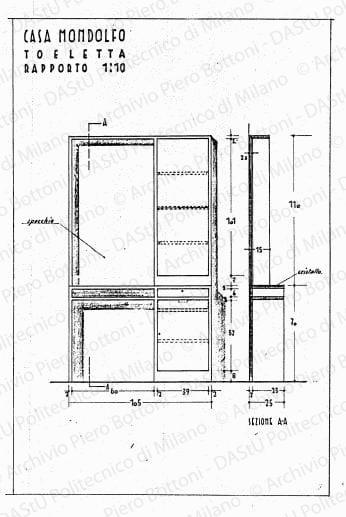 Casa Mondolfo, toeletta, vista e sezione, scala 1:10, s.d. China e matita su lucido, cm 35,7x24,5. 