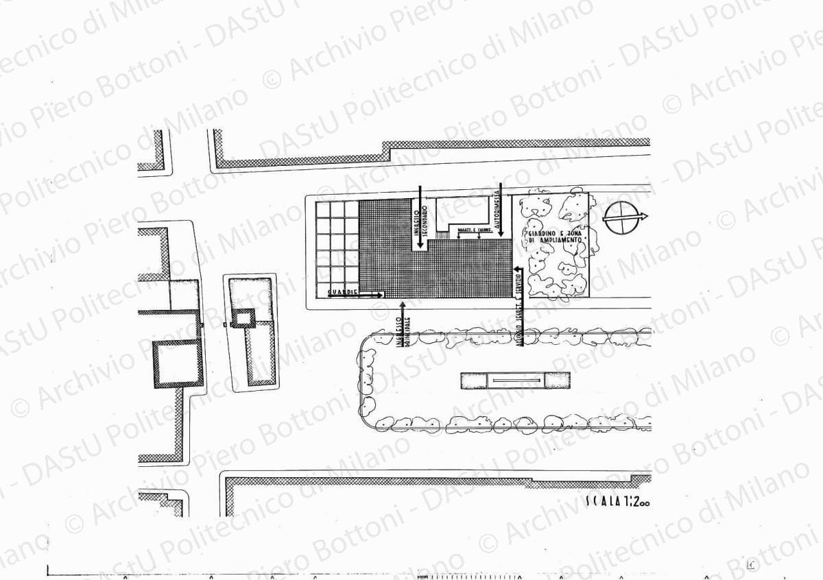 Planimetria soluzione A, scala 1:200, s.d. Eliografia su cartoncino, cm 51,3 x 72,7.