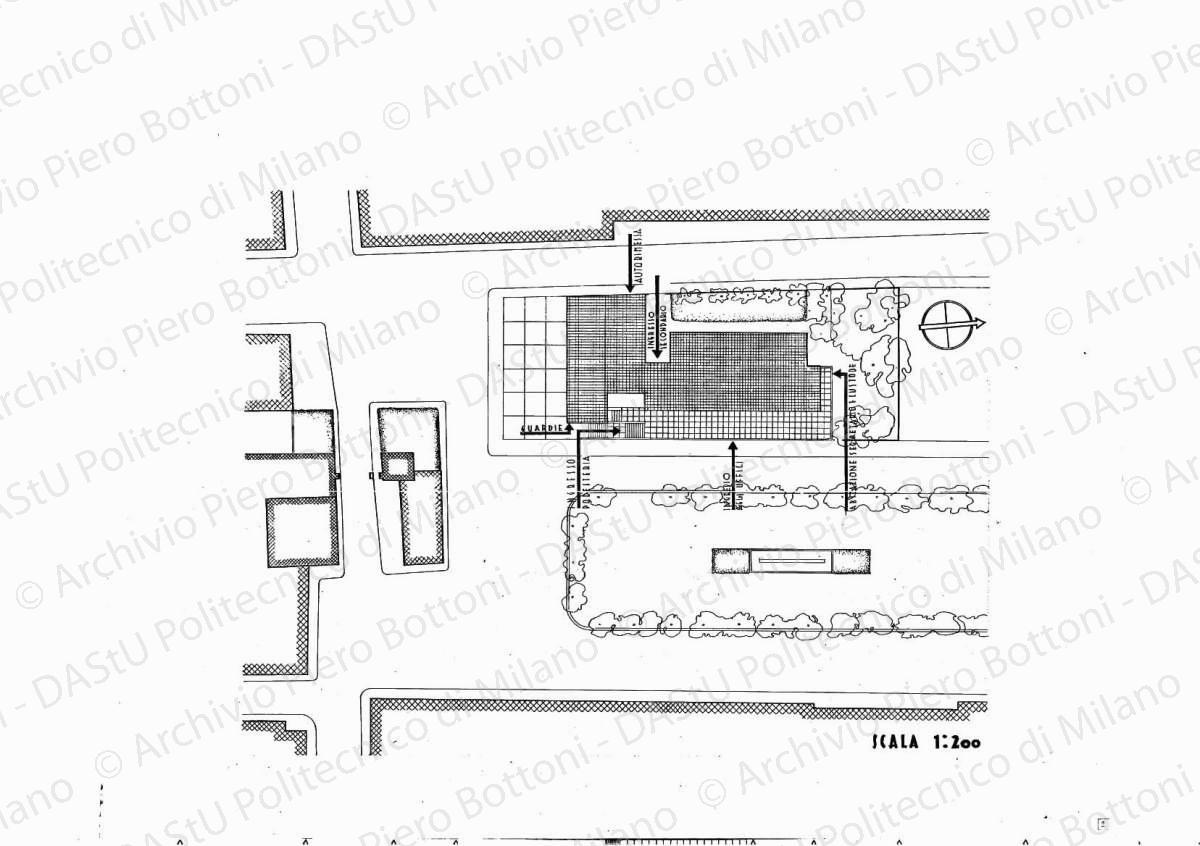 Planimetria soluzione B, scala 1:200, s.d. Eliografia su cartoncino, cm 50,0 x 71,1.
