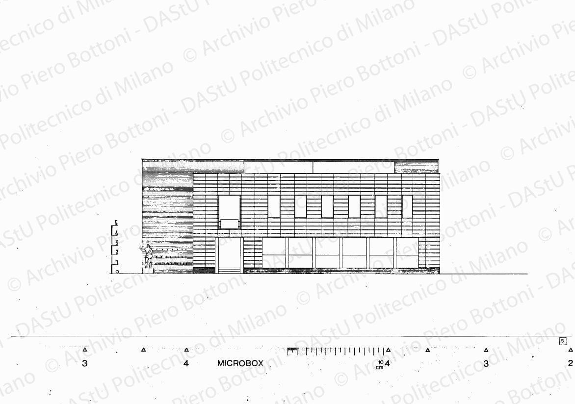 Prospetto soluzione A, fronte est, scala 1:100, s.d. Eliografia su cartoncino, cm 26,0 x 58,5.