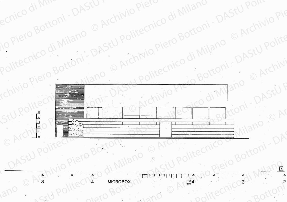 Prospetto soluzione B, fronte est, scala 1:100, s.d. Eliografia su cartoncino, cm 25,4 x 58,5.