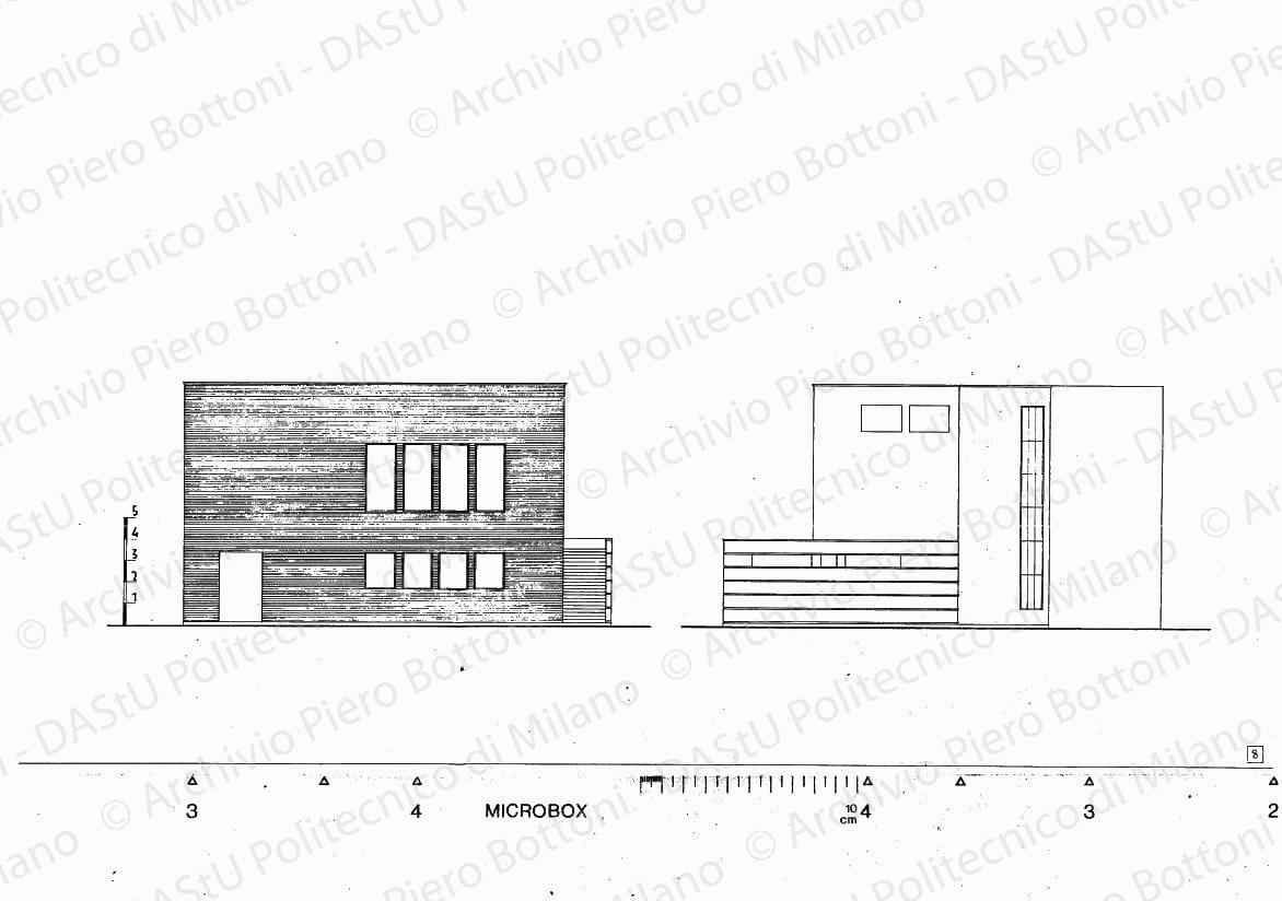 Prospetti soluzione B, fronti sud e nord, scala 1:100, s.d. Eliografia su cartoncino, cm 25,5 x 58,5.