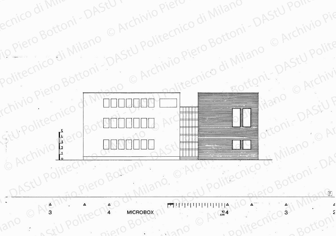 Prospetto soluzione A, fronte ovest, scala 1:100, s.d. Eliografia su cartoncino, cm 26,0 x 58,5.