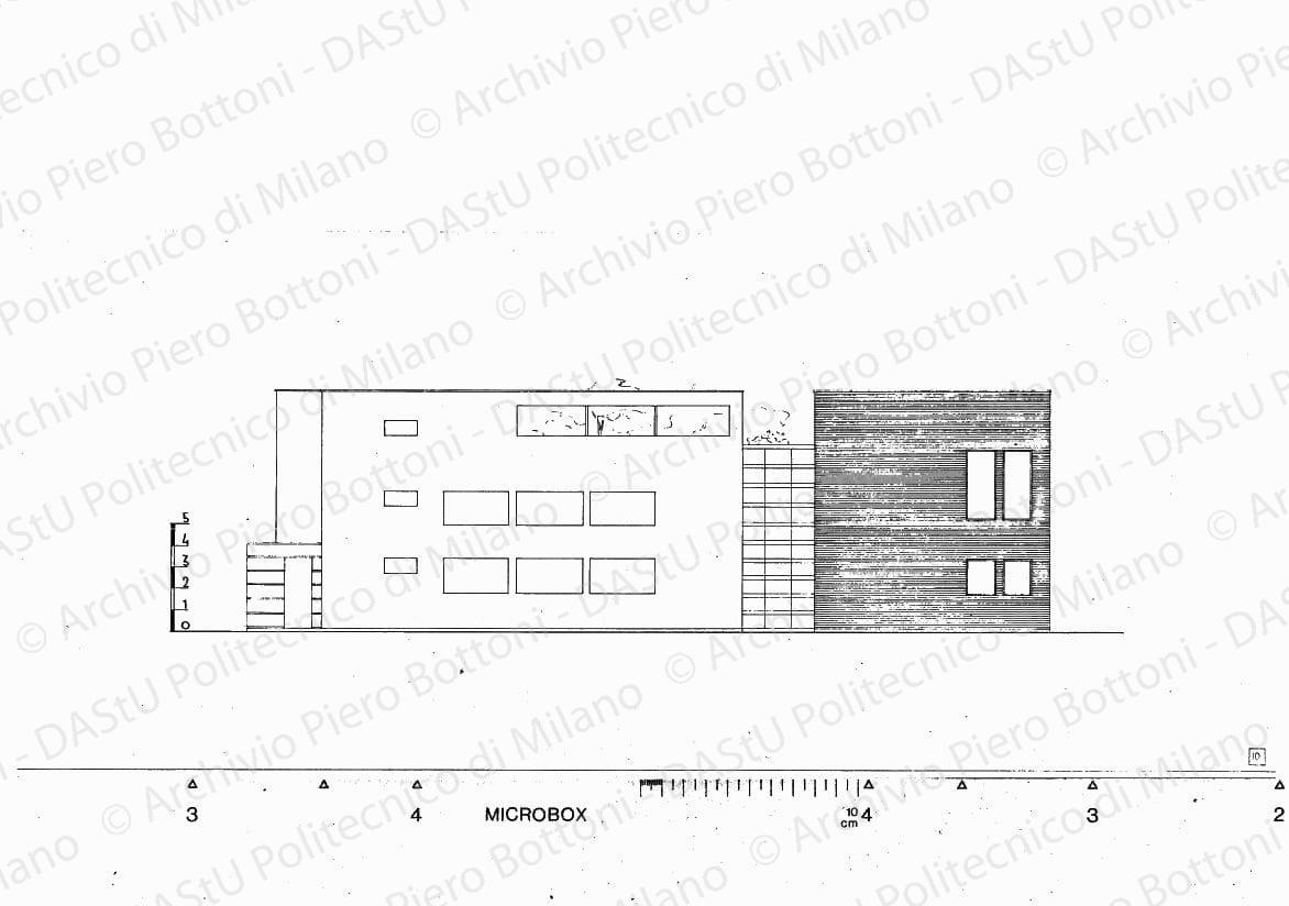 Prospetto soluzione B, fronte ovest, scala 1:100, s.d. Eliografia su cartoncino, cm 25,5 x 58,5.