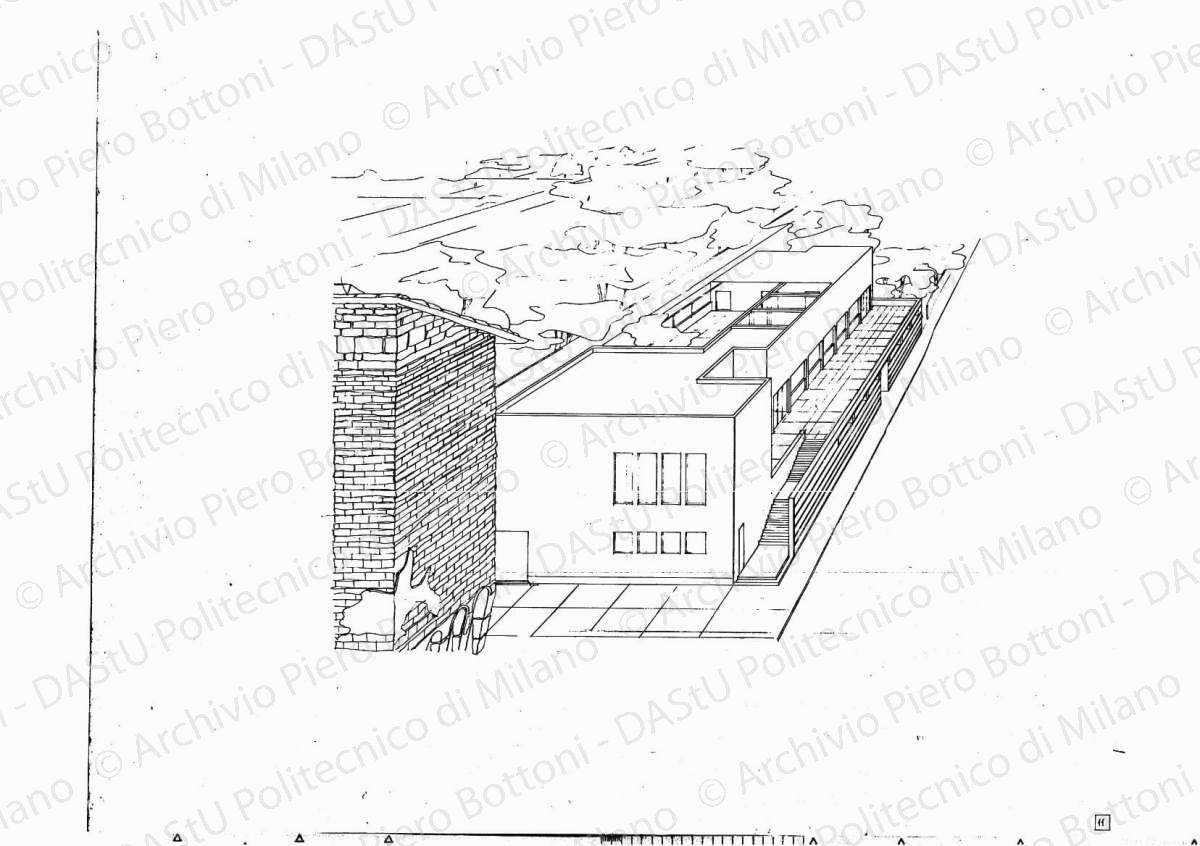 Veduta prospettica di lato, soluzione B, s.d. Eliografia su cartoncino, cm 40,0 x 51,8.