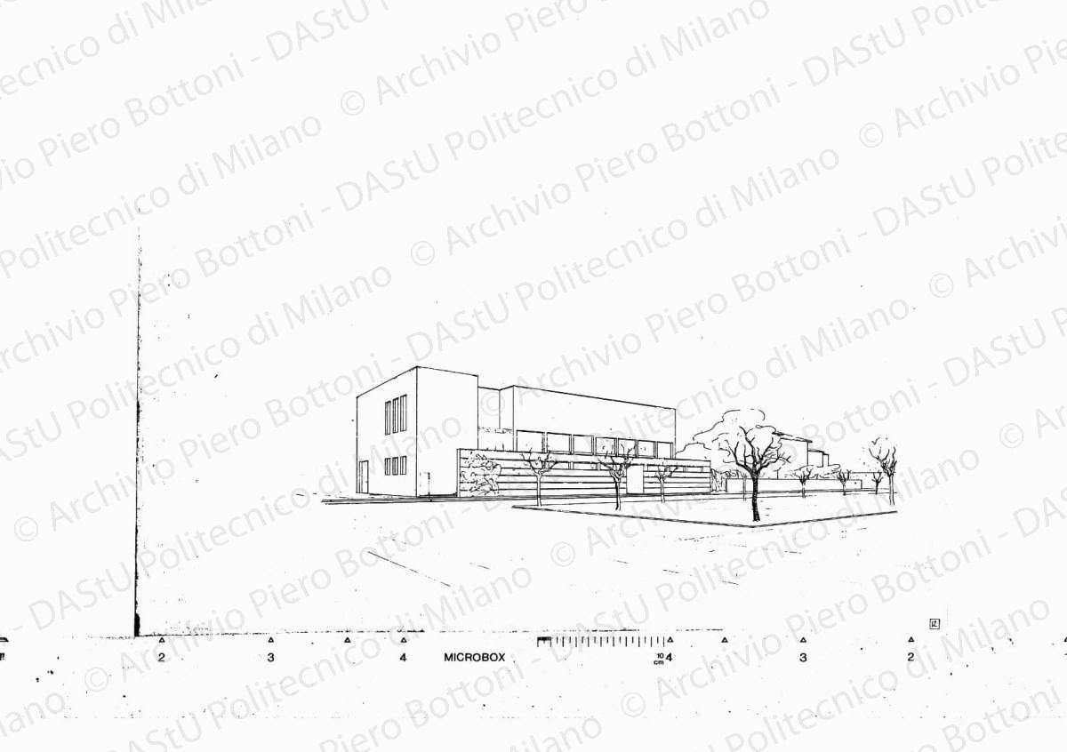 Veduta prospettica di fronte, soluzione B, s.d. Eliografia su cartoncino, cm 34,1 x 64,2.