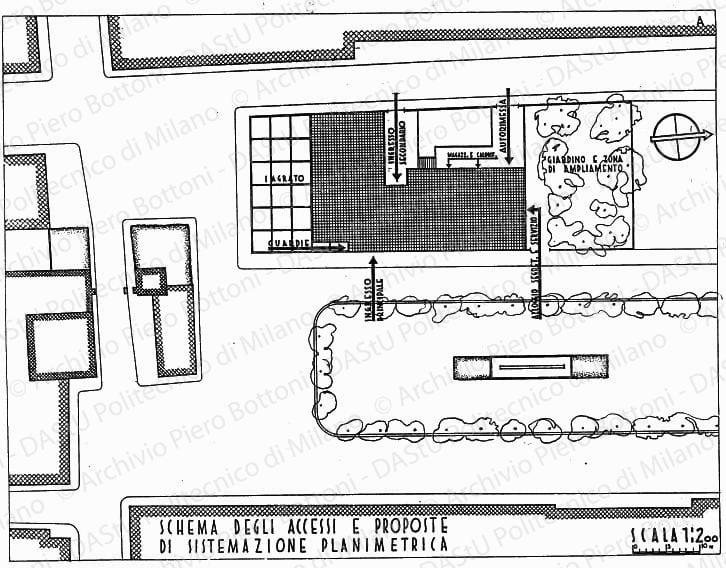 Schema degli accessi e proposte di sistemazione planimetrica, soluzione A, planimetria, scala 1:200, s.d. China su lucido, cm 42,6x61,3. 