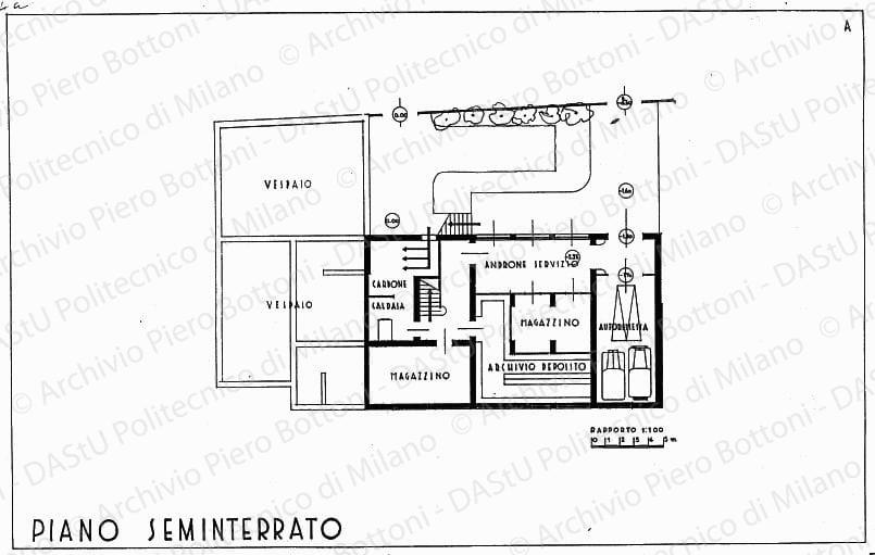 Pianta piano seminterrato soluzione A, scala 1:100, s.d. China su lucido, cm 39,5x62,0. 