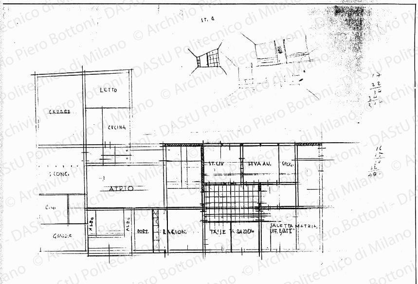 Studio della pianta del piano terreno soluzione A e schizzi prospettici d'interno, scala 1:100, s.d. Matita su lucido, cm 37,0x49,5. 