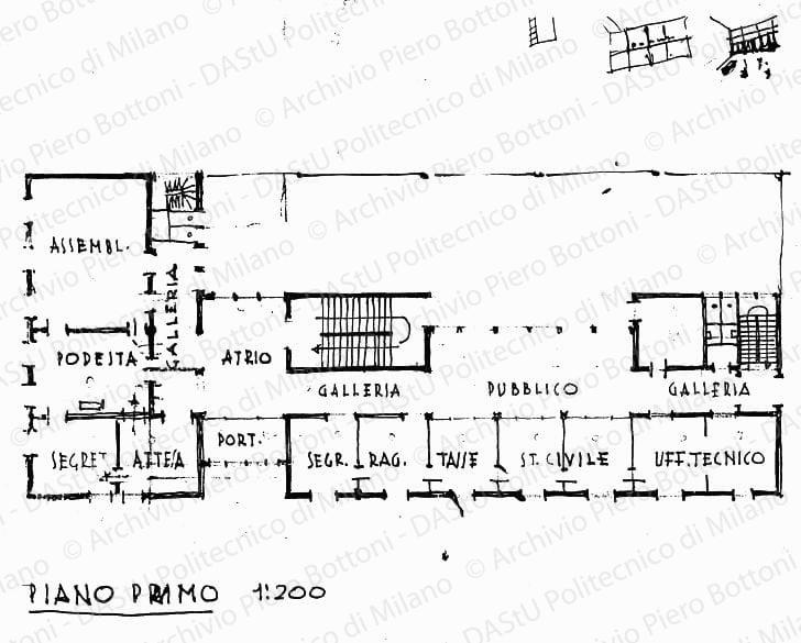 Studio della pianta del piano primo soluzione A, scala 1:200, s.d. China e matita su lucido, cm 19,8x24,5. 