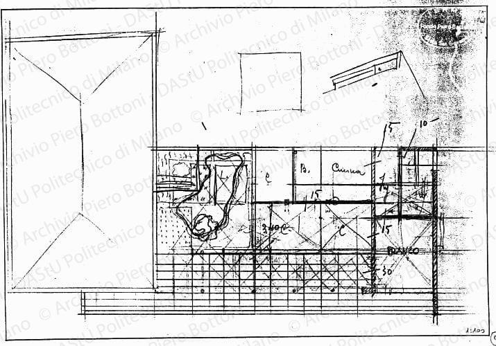 Studio della pianta del secondo piano soluzione A, scala 1:100, s.d. Matita e matita verde su lucido, cm 26,0x37,6. 
